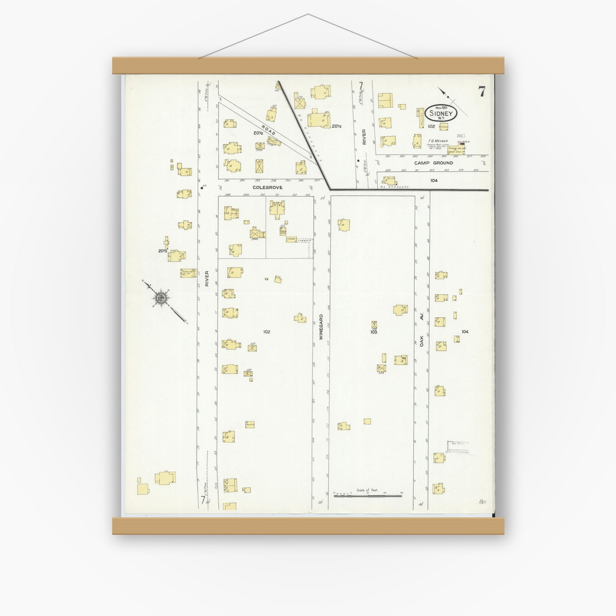 Old map wall art mockup — magnetic wood frame on white wall — Sanborn Fire Insurance Map from Sidney, Delaware County, New York (1910), Sheet #0007