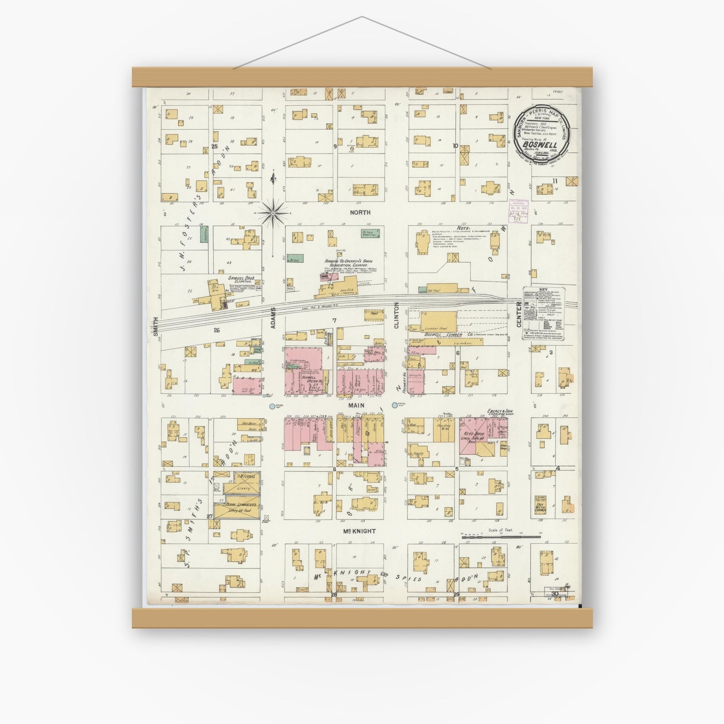 Old map wall art mockup — magnetic wood frame on white wall — Sanborn Fire Insurance Map from Boswell, Benton County, Indiana (1901), Sheet #0001