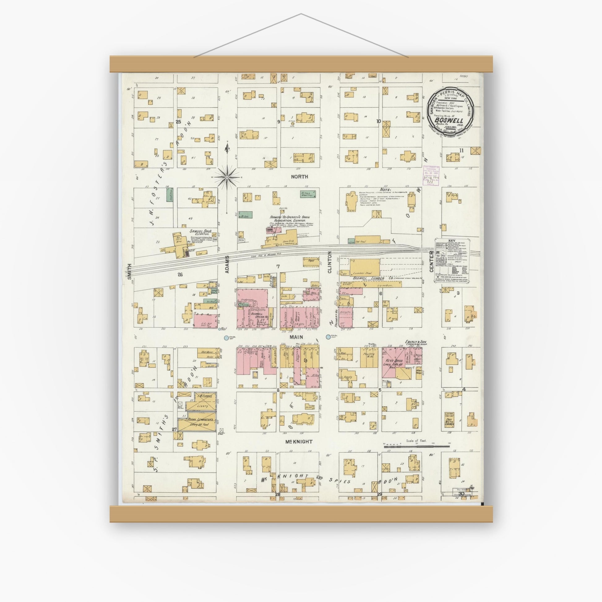 Old map wall art mockup — magnetic wood frame on white wall — Sanborn Fire Insurance Map from Boswell, Benton County, Indiana (1901), Sheet #0001