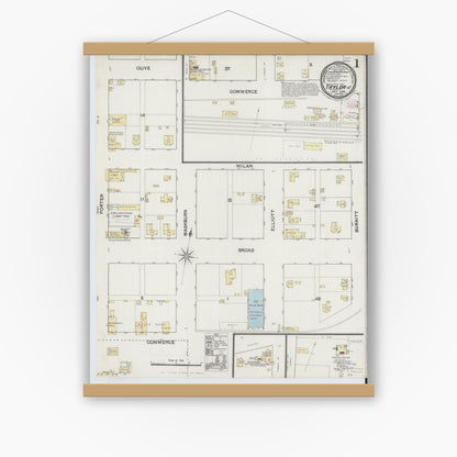 Old map wall art mockup — magnetic wood frame on white wall — Sanborn Fire Insurance Map from Taylor, Williamson County, Texas (1889) - Complete Map Set