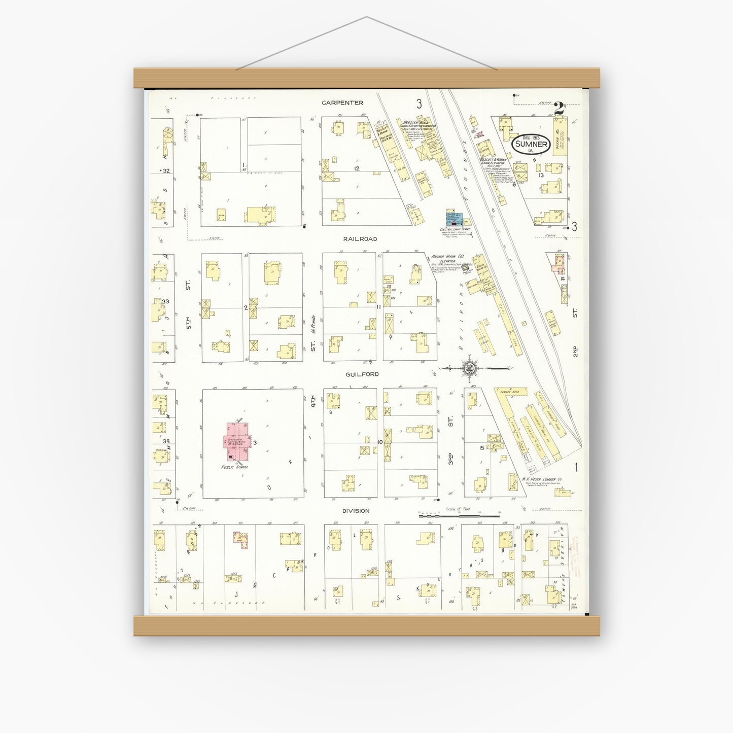 Old map wall art mockup — magnetic wood frame on white wall — Sanborn Fire Insurance Map from Sumner, Bremer County, Iowa (1913), Sheet #0002