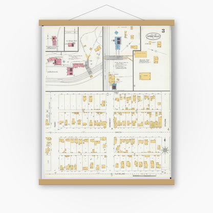 Old map wall art mockup — magnetic wood frame on white wall — Sanborn Fire Insurance Map from Spring Valley, Bureau County, Illinois (1906), Sheet #0003