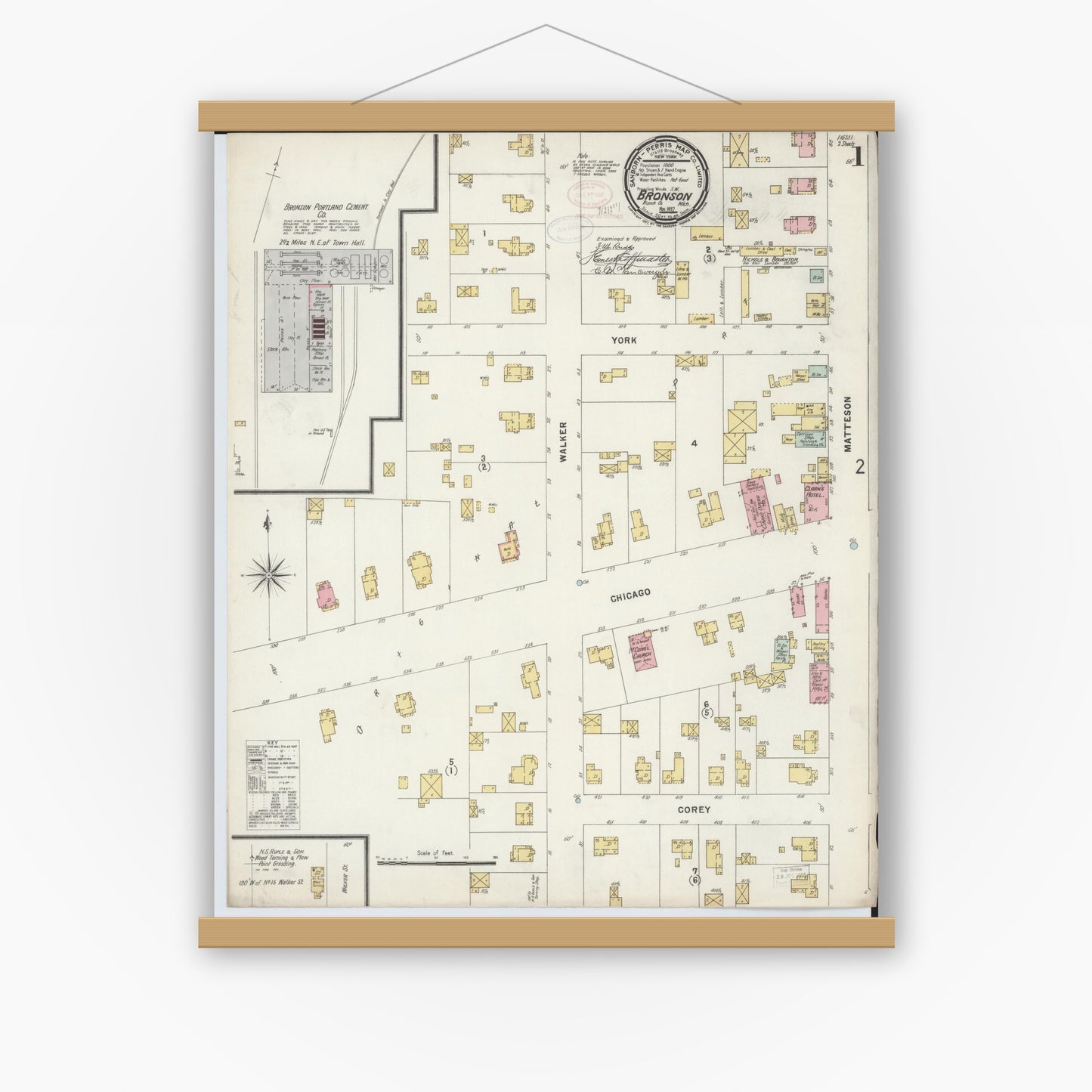 Old map wall art mockup — magnetic wood frame on white wall — Sanborn Fire Insurance Map from Bronson, Branch County, Michigan (1897), Sheet #0001