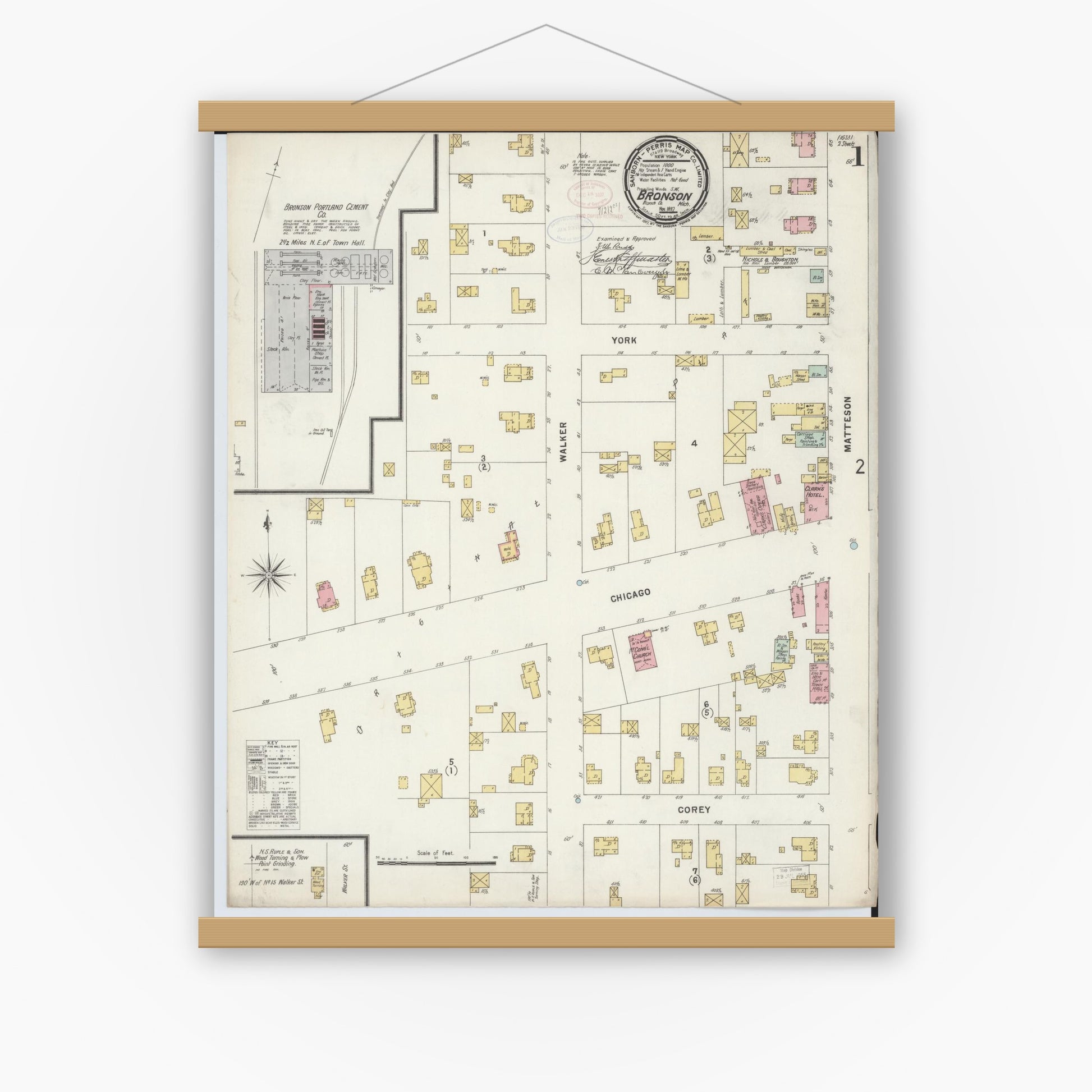Old map wall art mockup — magnetic wood frame on white wall — Sanborn Fire Insurance Map from Bronson, Branch County, Michigan (1897), Sheet #0001