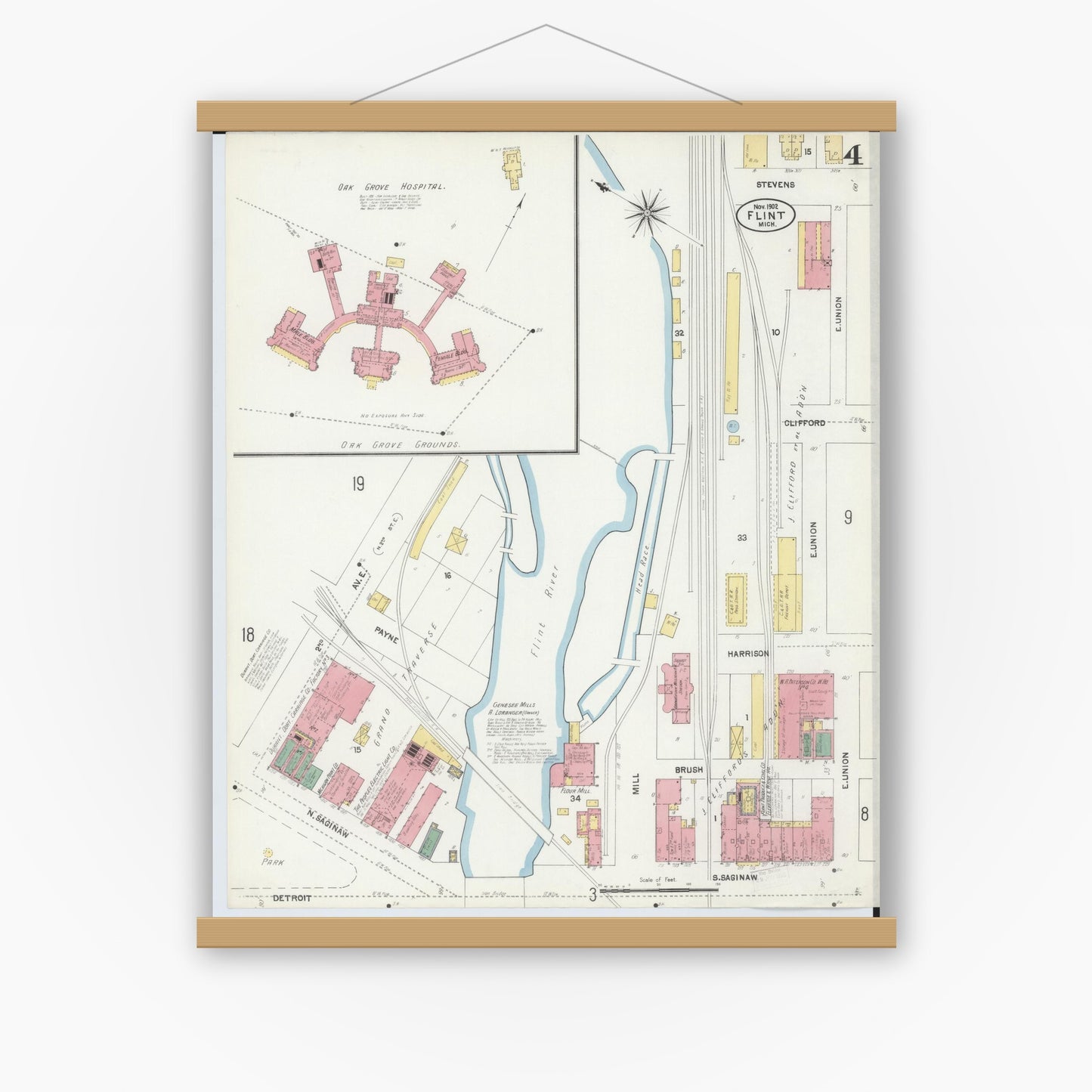 Old map wall art mockup — magnetic wood frame on white wall — Sanborn Fire Insurance Map from Flint, Genesee County, Michigan (1902), Sheet #0004