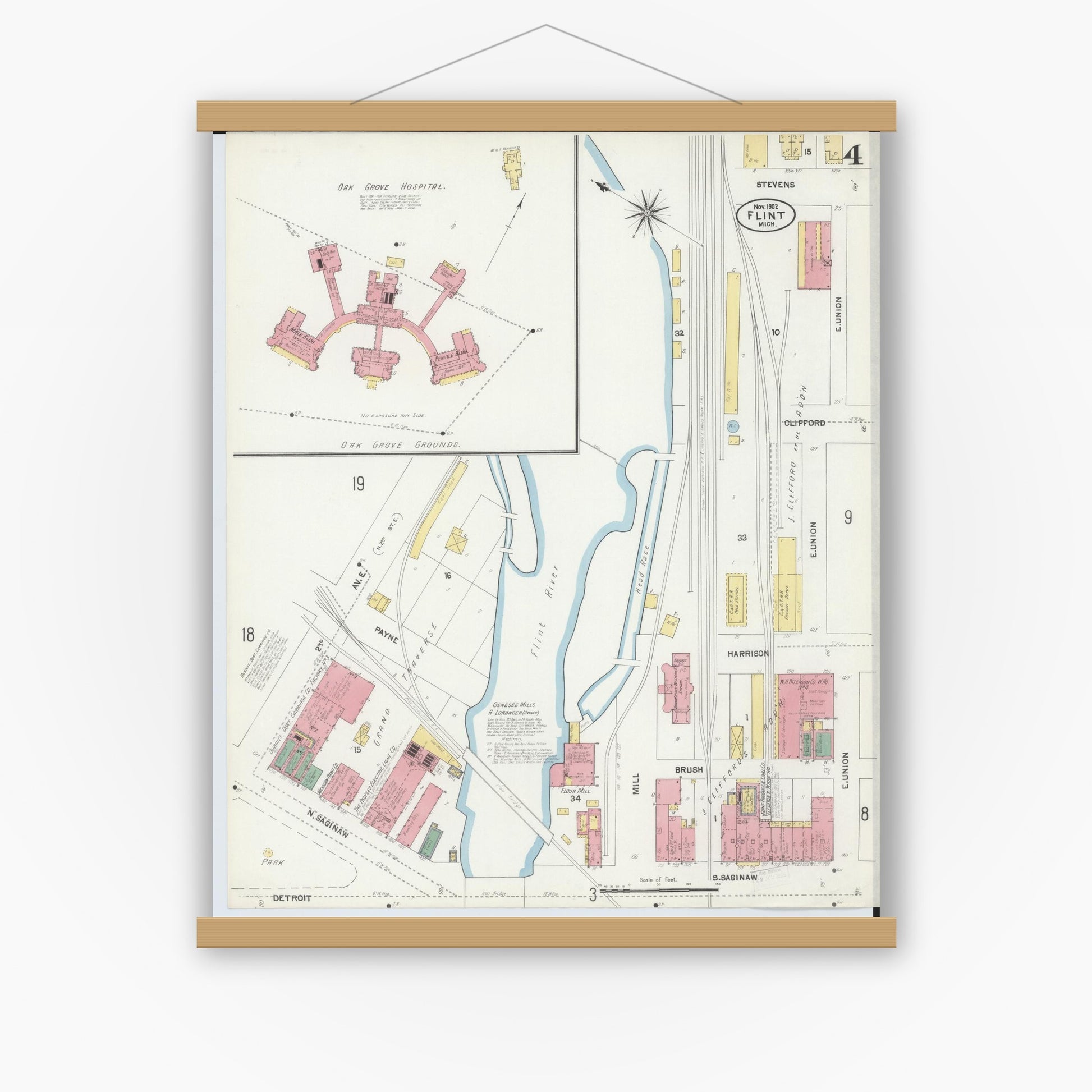 Old map wall art mockup — magnetic wood frame on white wall — Sanborn Fire Insurance Map from Flint, Genesee County, Michigan (1902), Sheet #0004