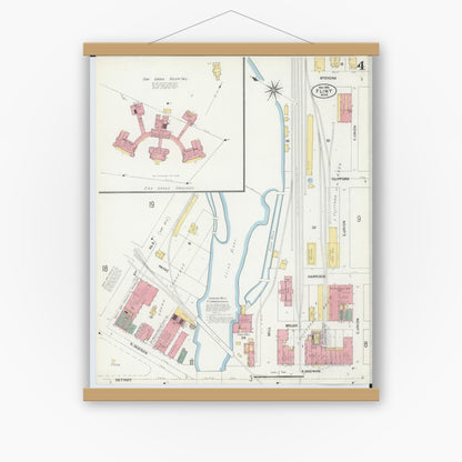 Old map wall art mockup — magnetic wood frame on white wall — Sanborn Fire Insurance Map from Flint, Genesee County, Michigan (1902), Sheet #0004