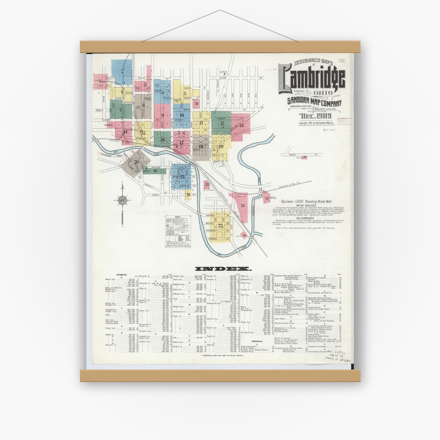 Old map wall art mockup — magnetic wood frame on white wall — Sanborn Fire Insurance Map from Cambridge, Guernsey County, Ohio (1909), Sheet #0001