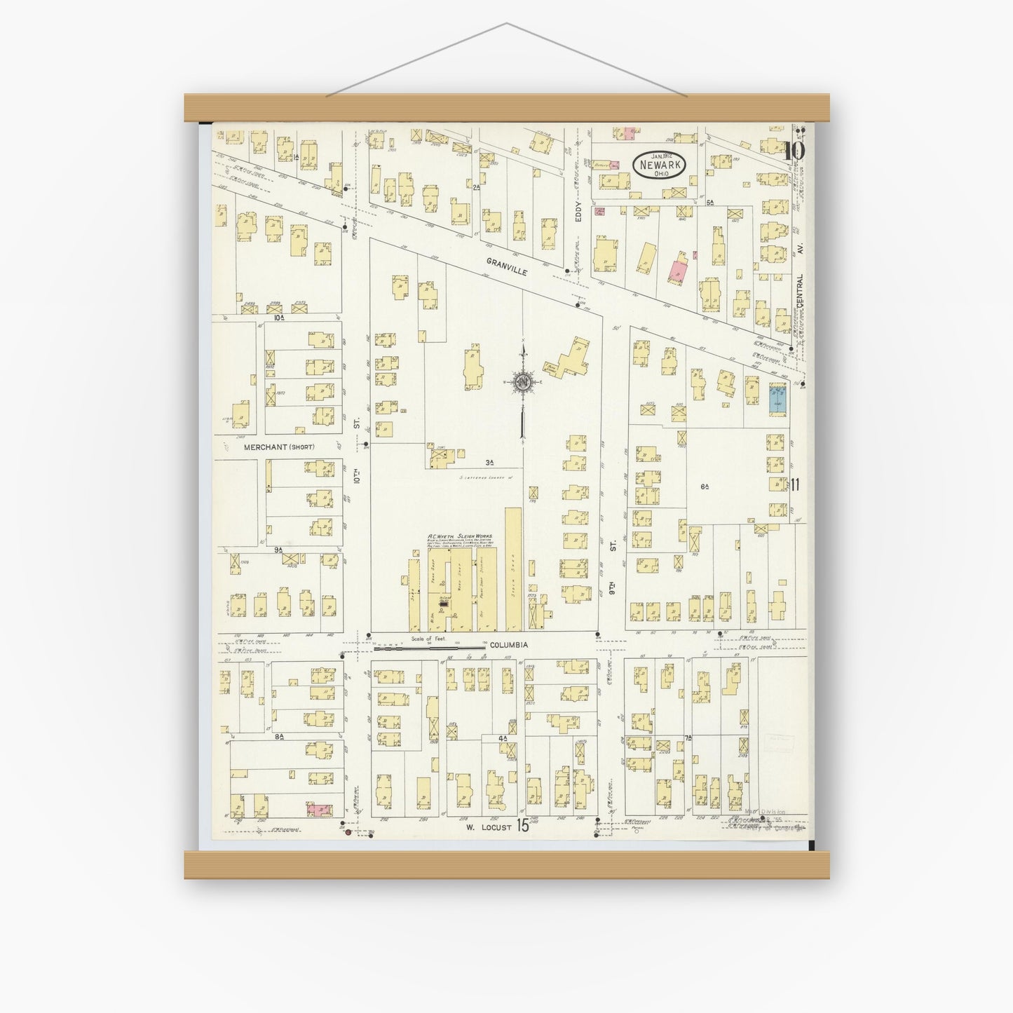 Old map wall art mockup — magnetic wood frame on white wall — Sanborn Fire Insurance Map from Newark, Licking County, Ohio (1912), Sheet #0010