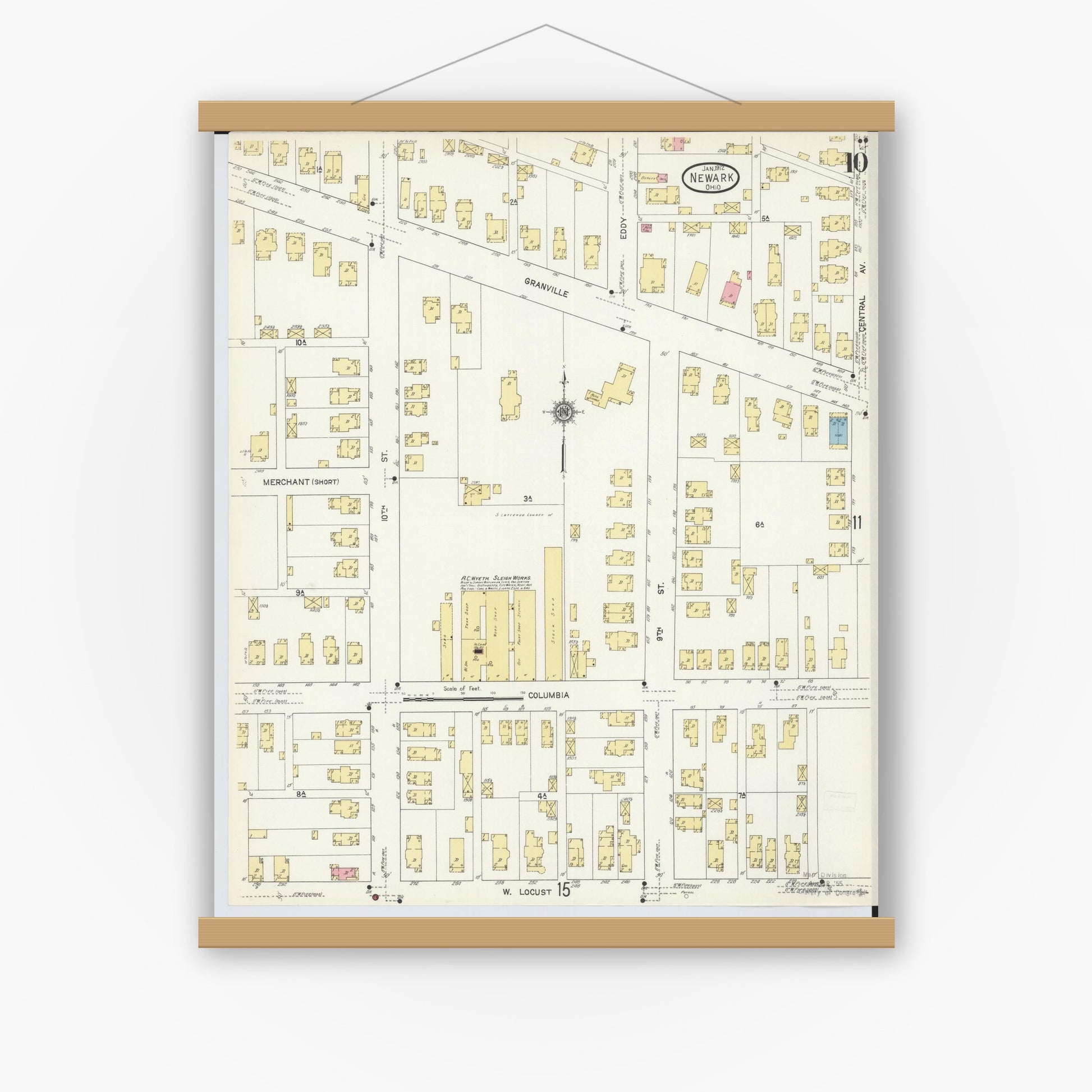 Old map wall art mockup — magnetic wood frame on white wall — Sanborn Fire Insurance Map from Newark, Licking County, Ohio (1912), Sheet #0010