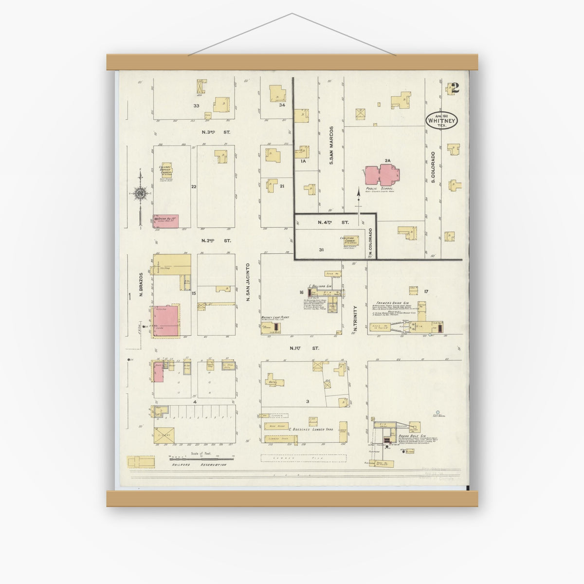 Old map wall art mockup — magnetic wood frame on white wall — Sanborn Fire Insurance Map from Whitney, Hill County, Texas (1911), Sheet #0002