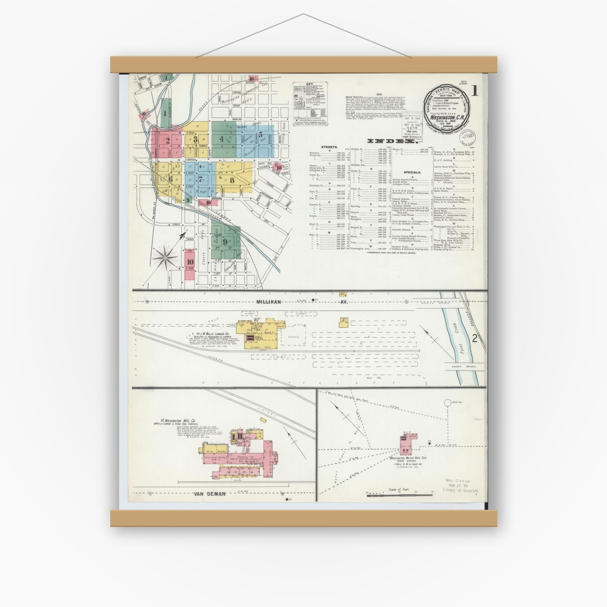 Old map wall art mockup — magnetic wood frame on white wall — Sanborn Fire Insurance Map from Washington Court House, Fayette County, Ohio (1900), Sheet #0001