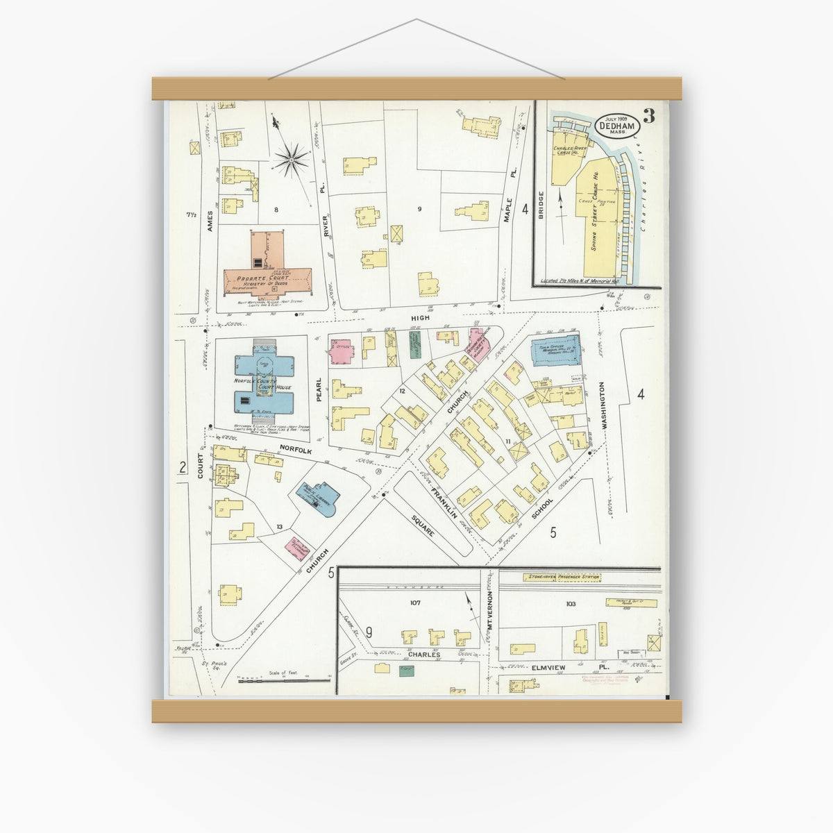 Old map wall art mockup — magnetic wood frame on white wall — Sanborn Fire Insurance Map from Dedham, Norfolk County, Massachusetts (1909), Sheet #0003