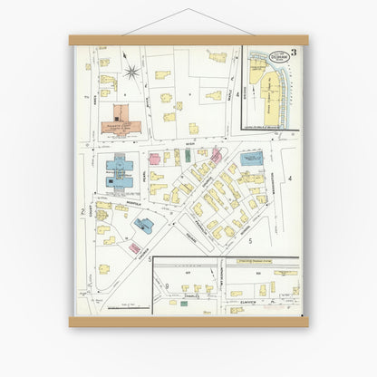 Old map wall art mockup — magnetic wood frame on white wall — Sanborn Fire Insurance Map from Dedham, Norfolk County, Massachusetts (1909), Sheet #0003