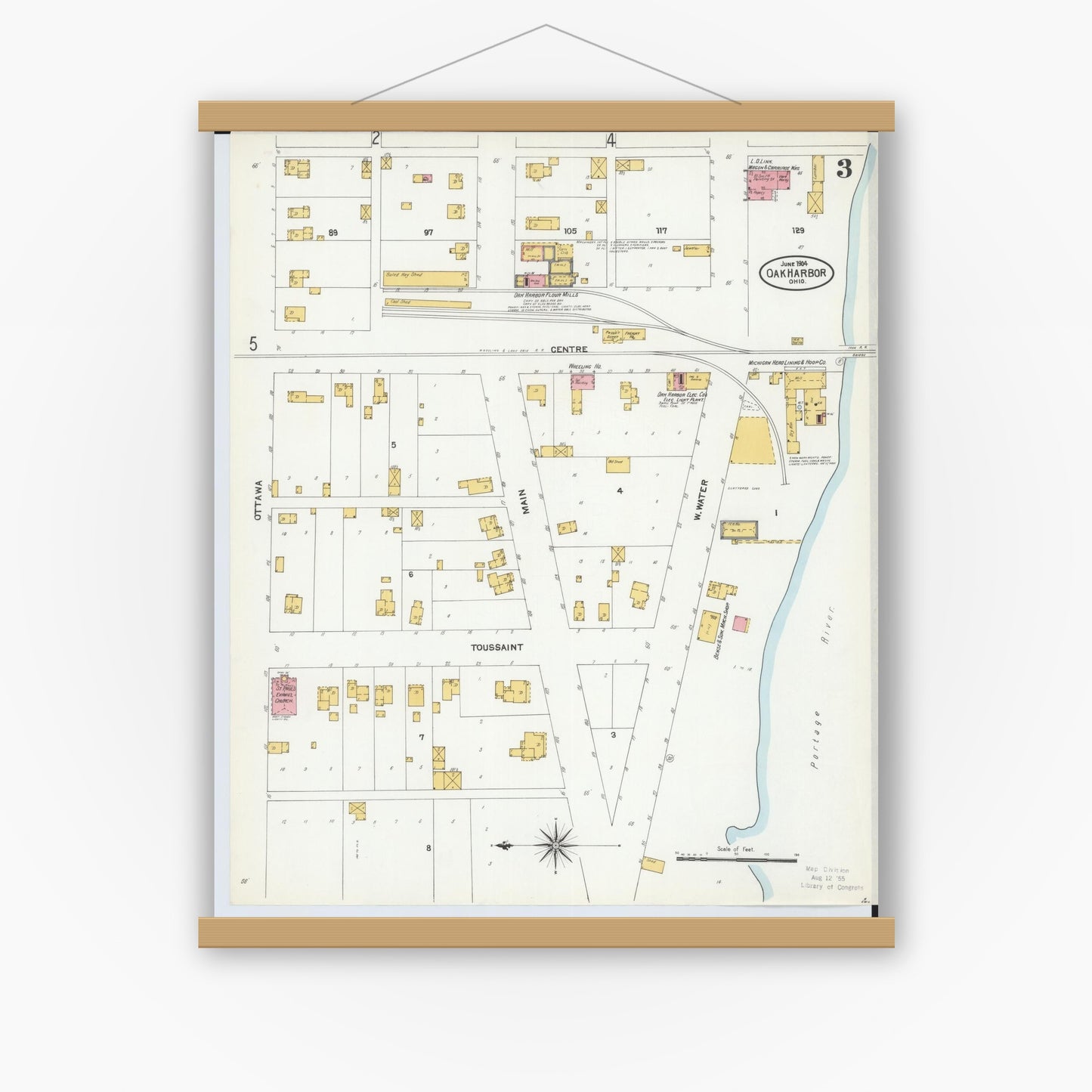 Old map wall art mockup — magnetic wood frame on white wall — Sanborn Fire Insurance Map from Oak Harbor, Ottawa County, Ohio (1904), Sheet #0003