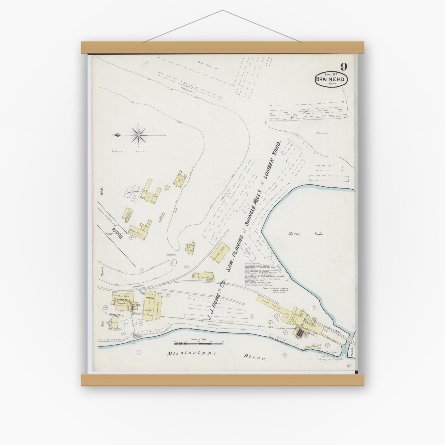 Old map wall art mockup — magnetic wood frame on white wall — Sanborn Fire Insurance Map from Brainerd, Crow Wing County, Minnesota (1889), Sheet #0009