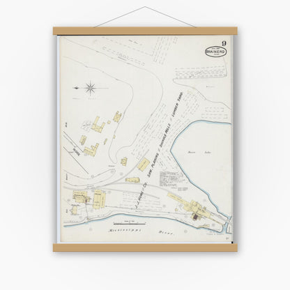 Old map wall art mockup — magnetic wood frame on white wall — Sanborn Fire Insurance Map from Brainerd, Crow Wing County, Minnesota (1889), Sheet #0009
