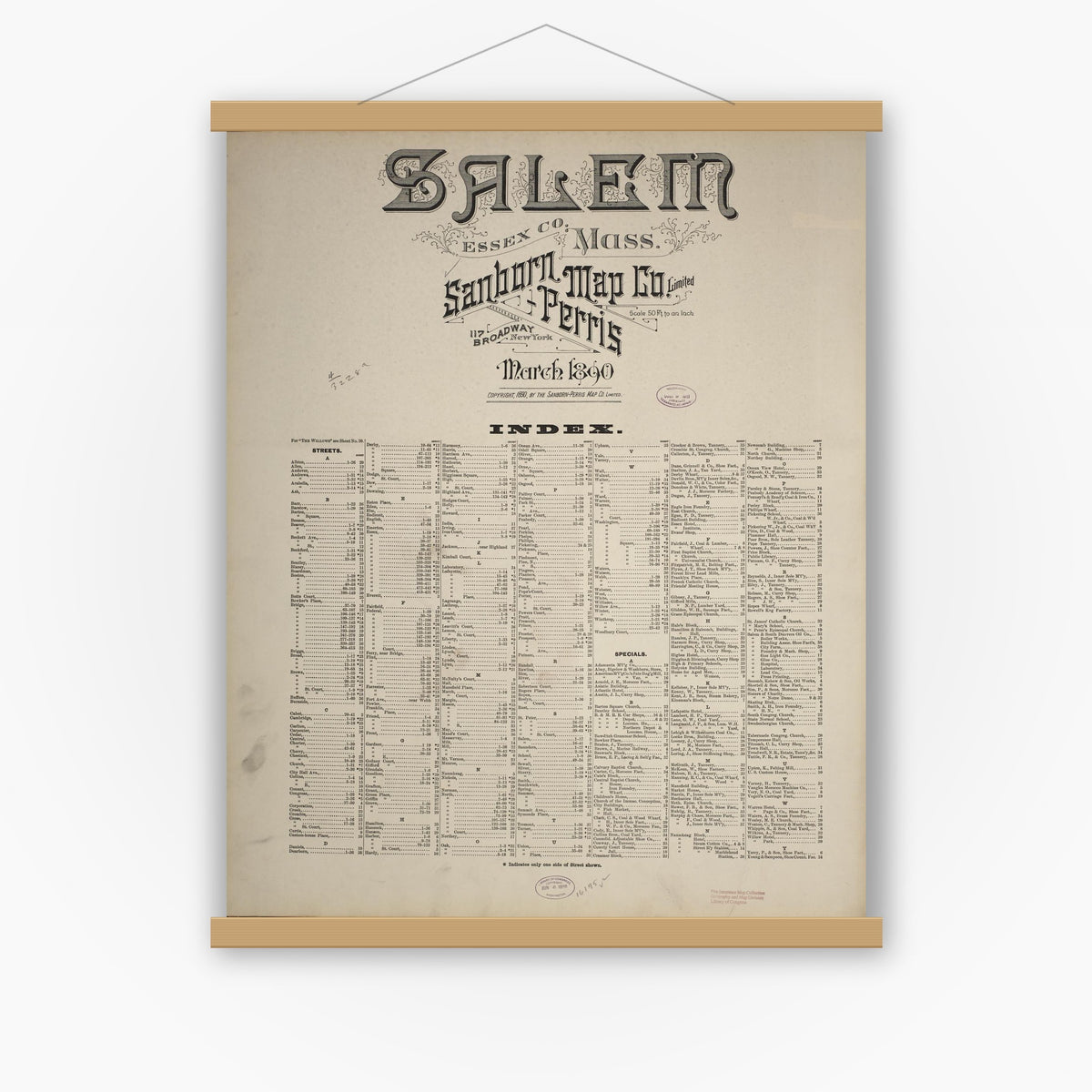 Old map wall art mockup — magnetic wood frame on white wall — Sanborn Fire Insurance Map from Salem, Essex County, Massachusetts (1890), Sheet #0001
