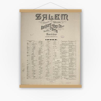 Old map wall art mockup — magnetic wood frame on white wall — Sanborn Fire Insurance Map from Salem, Essex County, Massachusetts (1890), Sheet #0001