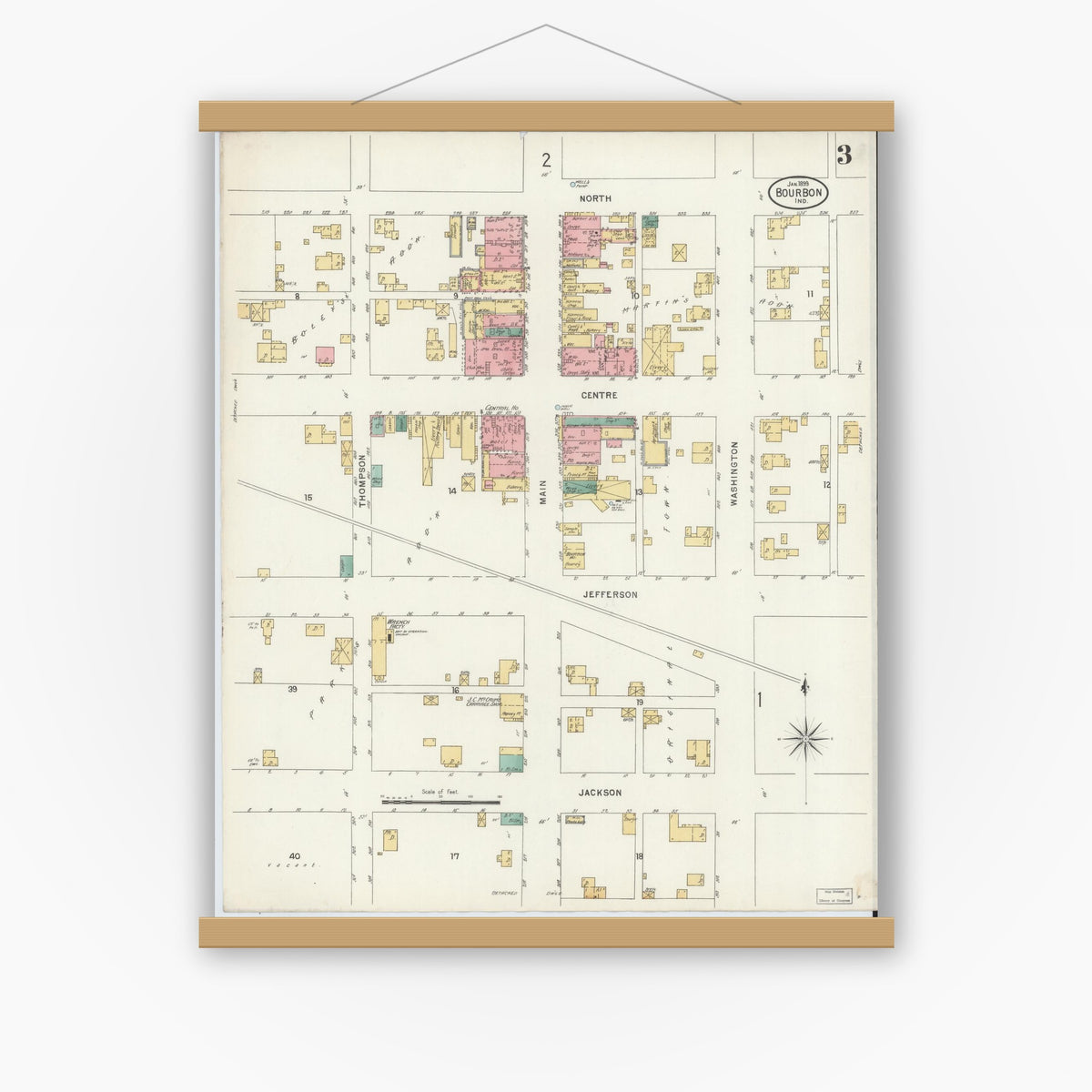 Old map wall art mockup — magnetic wood frame on white wall — Sanborn Fire Insurance Map from Bourbon, Marshall County, Indiana (1899), Sheet #0003