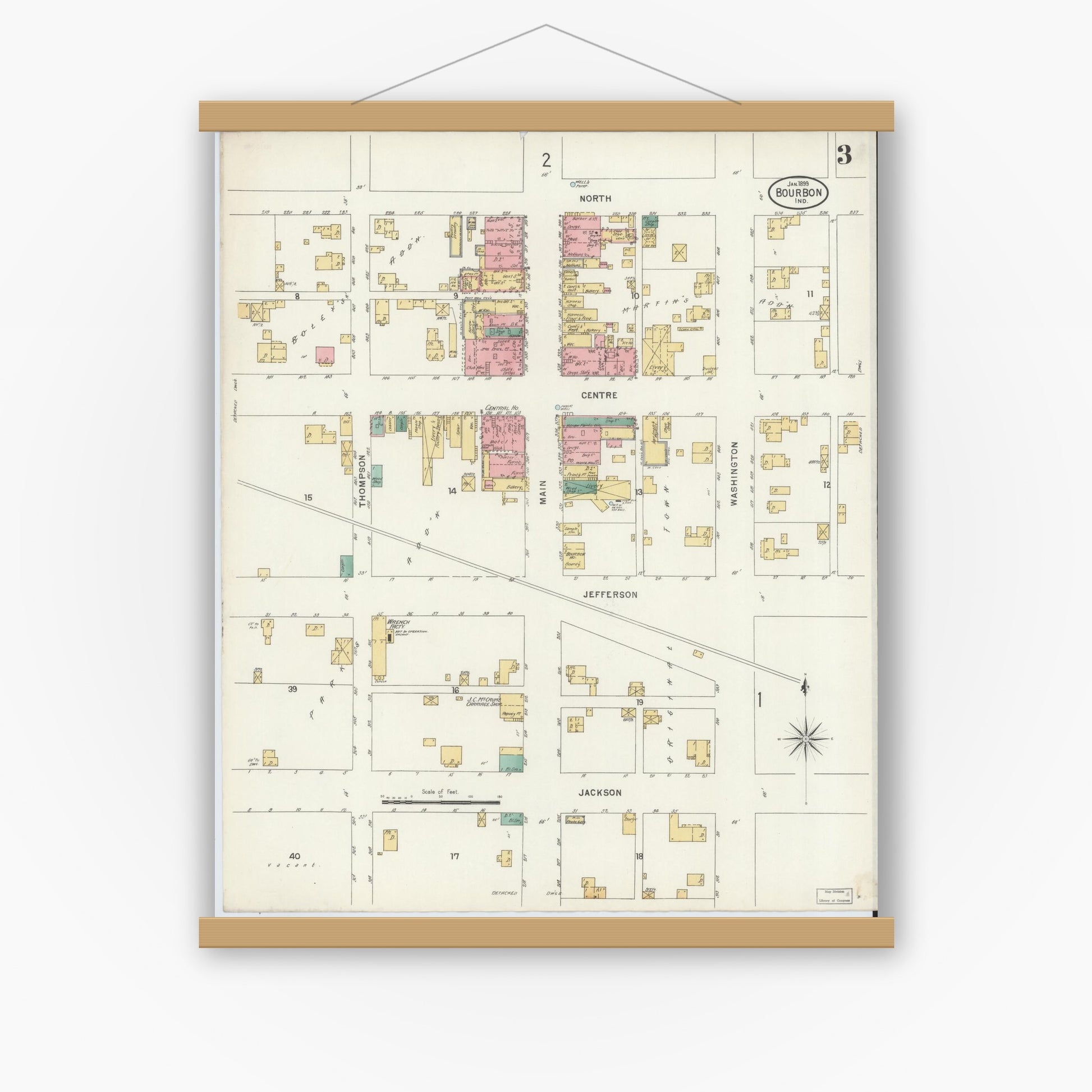 Old map wall art mockup — magnetic wood frame on white wall — Sanborn Fire Insurance Map from Bourbon, Marshall County, Indiana (1899), Sheet #0003