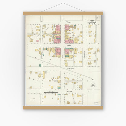 Old map wall art mockup — magnetic wood frame on white wall — Sanborn Fire Insurance Map from Bourbon, Marshall County, Indiana (1899), Sheet #0003
