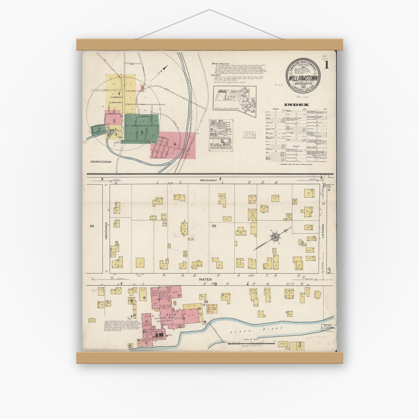 Old map wall art mockup — magnetic wood frame on white wall — Sanborn Fire Insurance Map from Williamstown, Berkshire County, Massachusetts (1922) - Complete Map Set