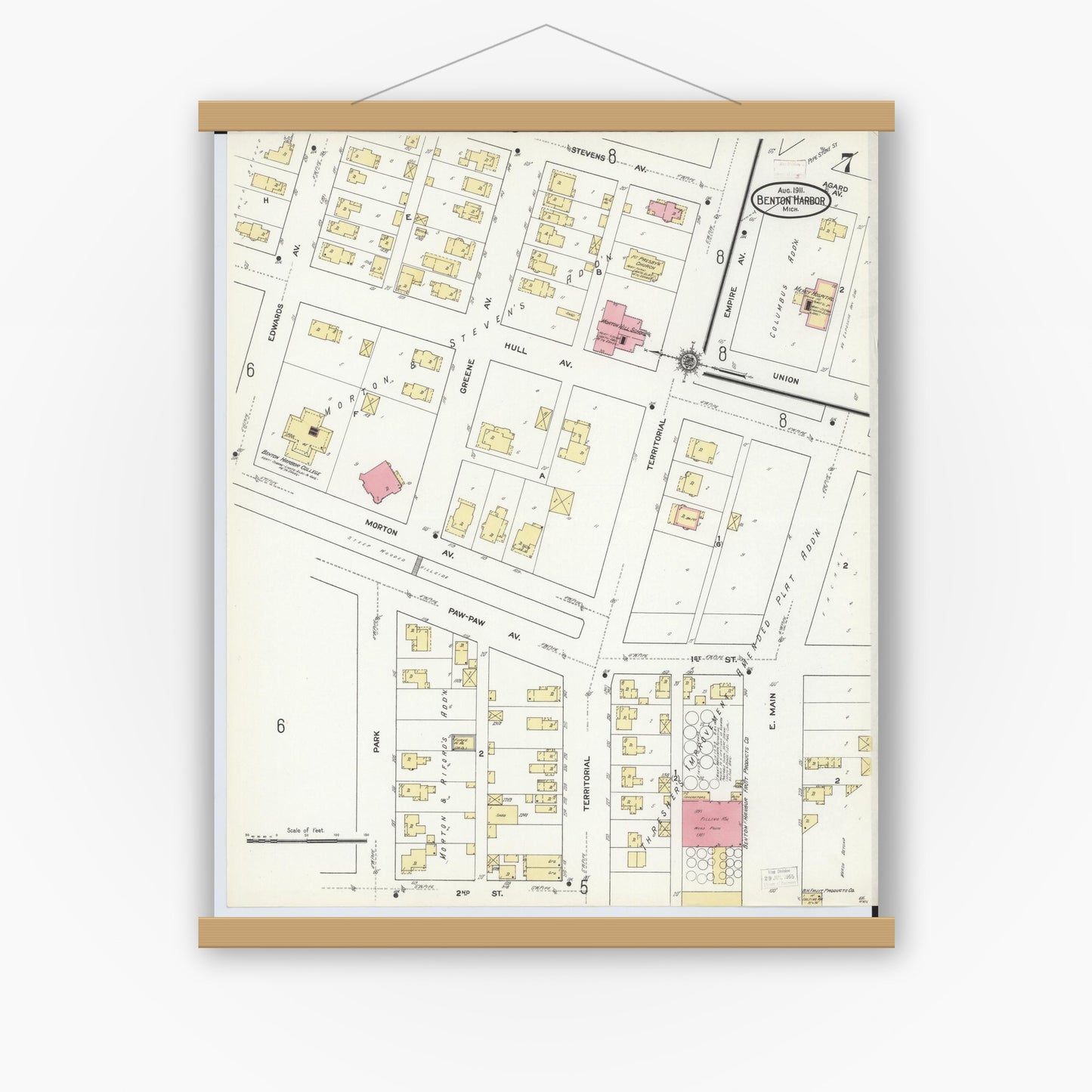 Old map wall art mockup — magnetic wood frame on white wall — Sanborn Fire Insurance Map from Benton Harbor, Berrien County, Michigan (1911), Sheet #0007
