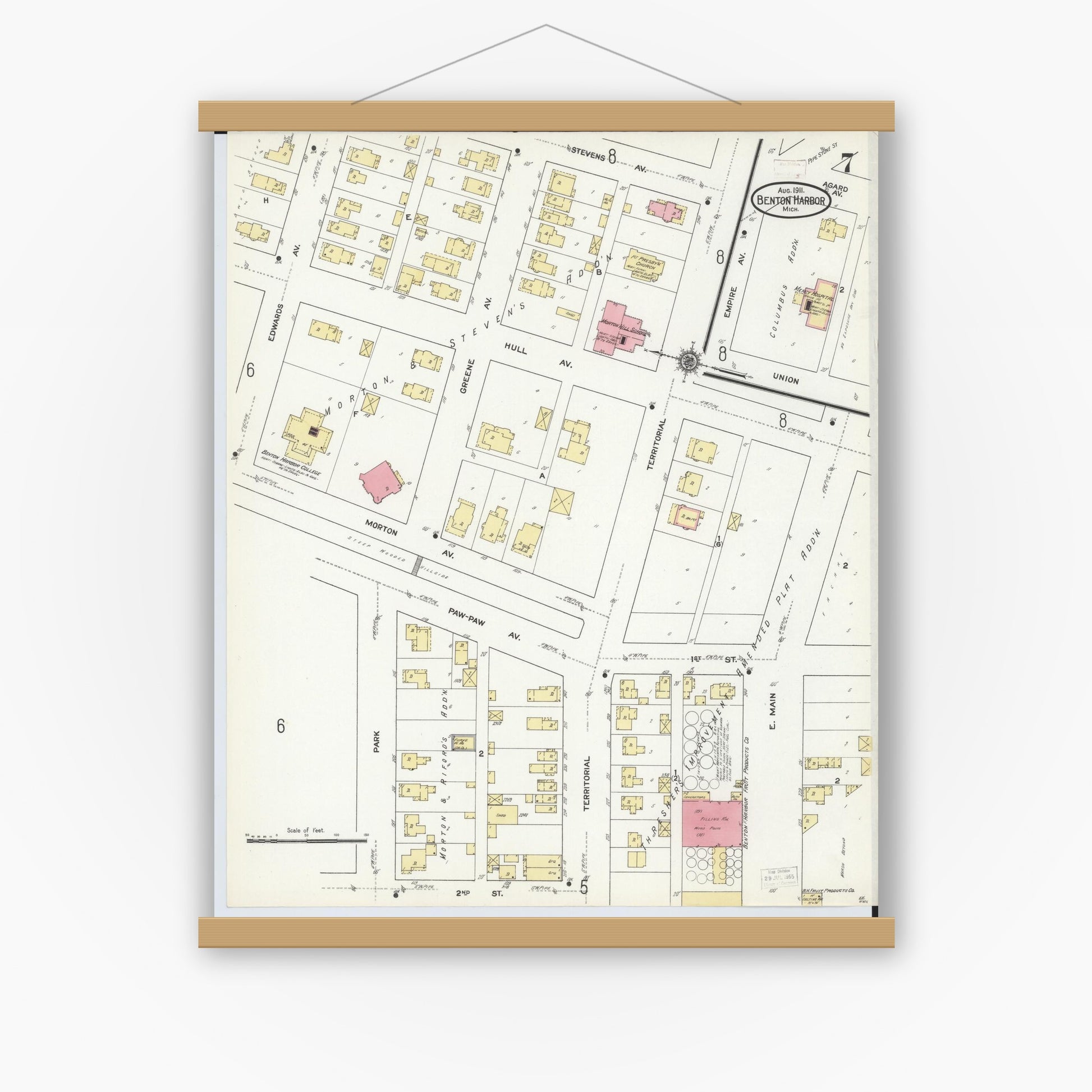 Old map wall art mockup — magnetic wood frame on white wall — Sanborn Fire Insurance Map from Benton Harbor, Berrien County, Michigan (1911), Sheet #0007