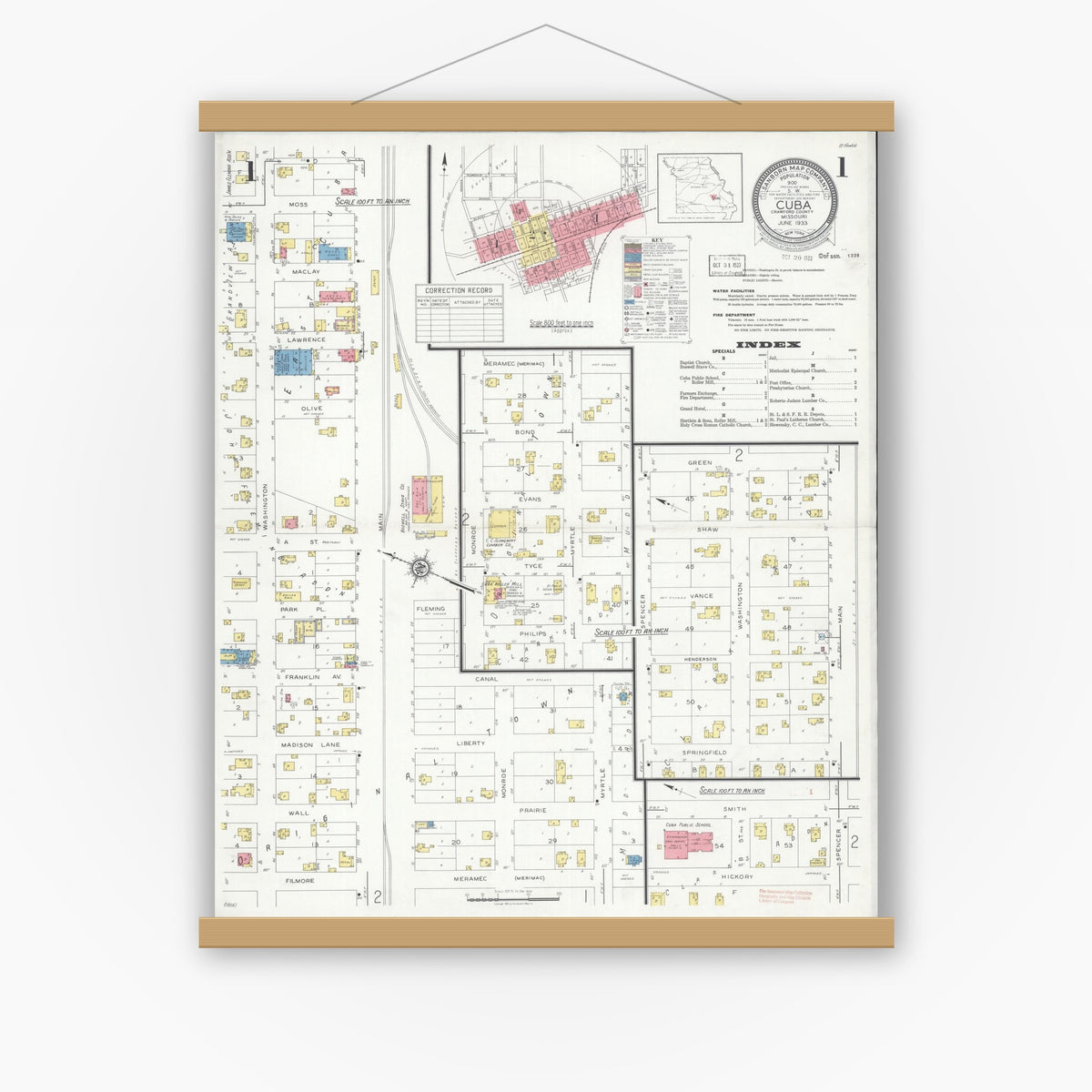 Old map wall art mockup — magnetic wood frame on white wall — Sanborn Fire Insurance Map from Cuba, Crawford County, Missouri (1933) - Complete Map Set