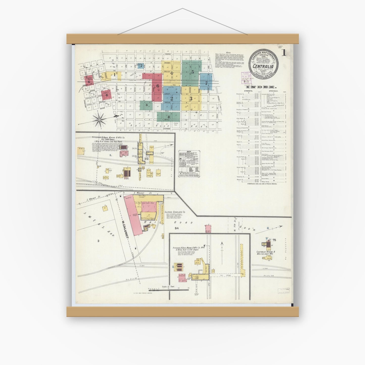 Old map wall art mockup — magnetic wood frame on white wall — Sanborn Fire Insurance Map from Centralia, Marion, Clinton, Jefferson, and Washington Counties, Illinois (1902) - Complete Map Set