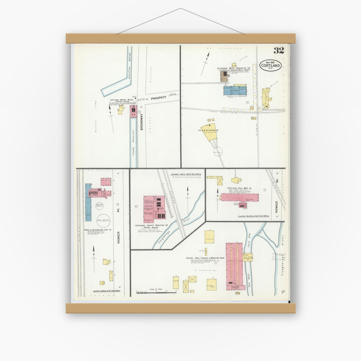 Old map wall art mockup — magnetic wood frame on white wall — Sanborn Fire Insurance Map from Cortland, Cortland County, New York (1908), Sheet #0032
