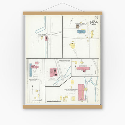 Old map wall art mockup — magnetic wood frame on white wall — Sanborn Fire Insurance Map from Cortland, Cortland County, New York (1908), Sheet #0032
