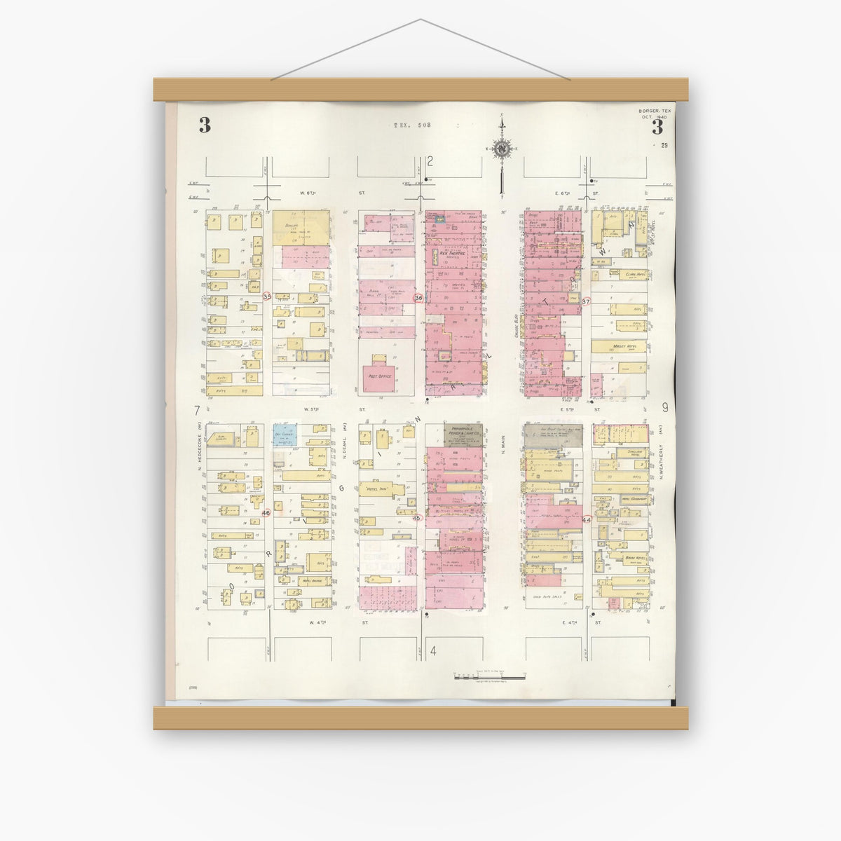 Old map wall art mockup — magnetic wood frame on white wall — Sanborn Fire Insurance Map from Borger, Hutchinson County, Texas (1950), Sheet #0003