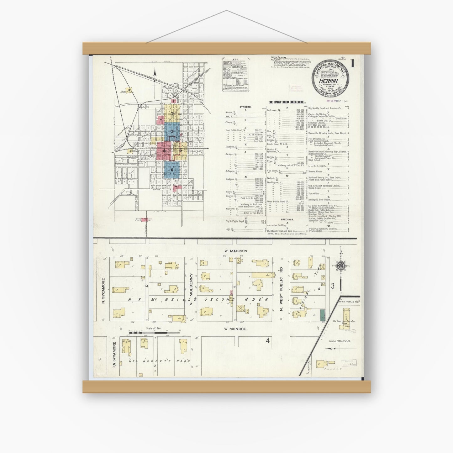 Old map wall art mockup — magnetic wood frame on white wall — Sanborn Fire Insurance Map from Herrin, Williamson County, Illinois (1909), Sheet #0001