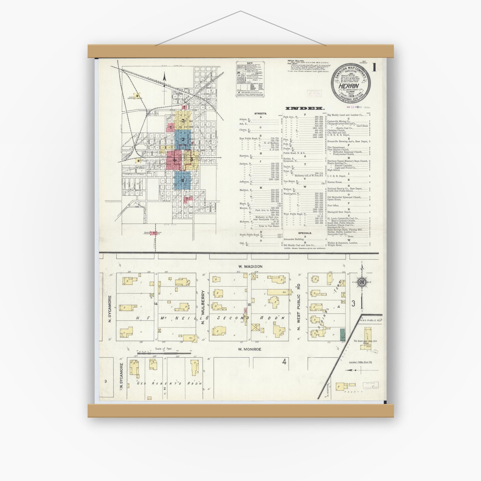 Old map wall art mockup — magnetic wood frame on white wall — Sanborn Fire Insurance Map from Herrin, Williamson County, Illinois (1909), Sheet #0001