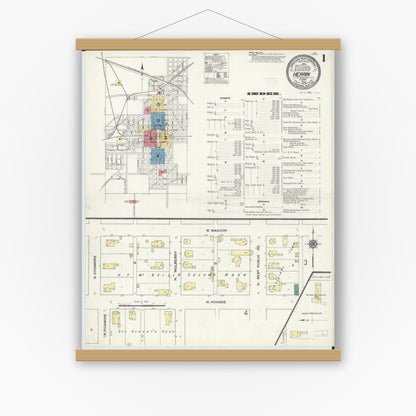 Old map wall art mockup — magnetic wood frame on white wall — Sanborn Fire Insurance Map from Herrin, Williamson County, Illinois (1909), Sheet #0001