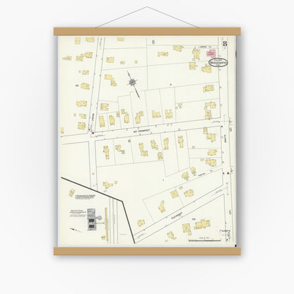 Old map wall art mockup — magnetic wood frame on white wall — Sanborn Fire Insurance Map from Bridgewater, Plymouth County, Massachusetts (1912), Sheet #0008