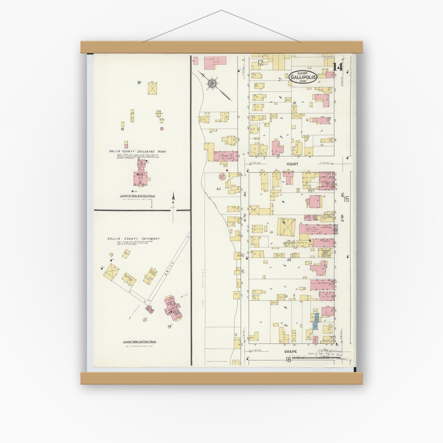 Old map wall art mockup — magnetic wood frame on white wall — Sanborn Fire Insurance Map from Gallipolis, Gallia County, Ohio (1916), Sheet #0014
