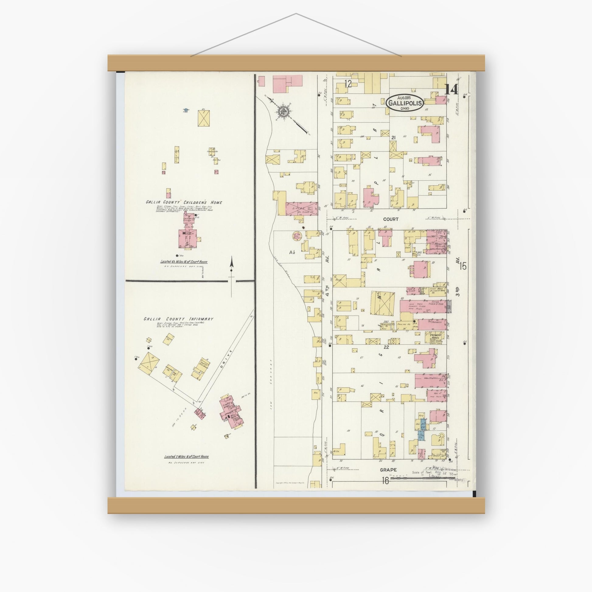 Old map wall art mockup — magnetic wood frame on white wall — Sanborn Fire Insurance Map from Gallipolis, Gallia County, Ohio (1916), Sheet #0014