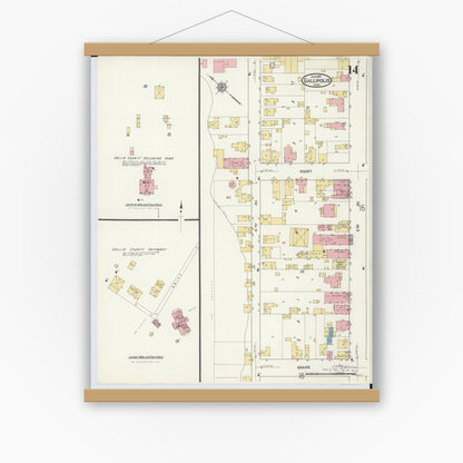 Old map wall art mockup — magnetic wood frame on white wall — Sanborn Fire Insurance Map from Gallipolis, Gallia County, Ohio (1916), Sheet #0014