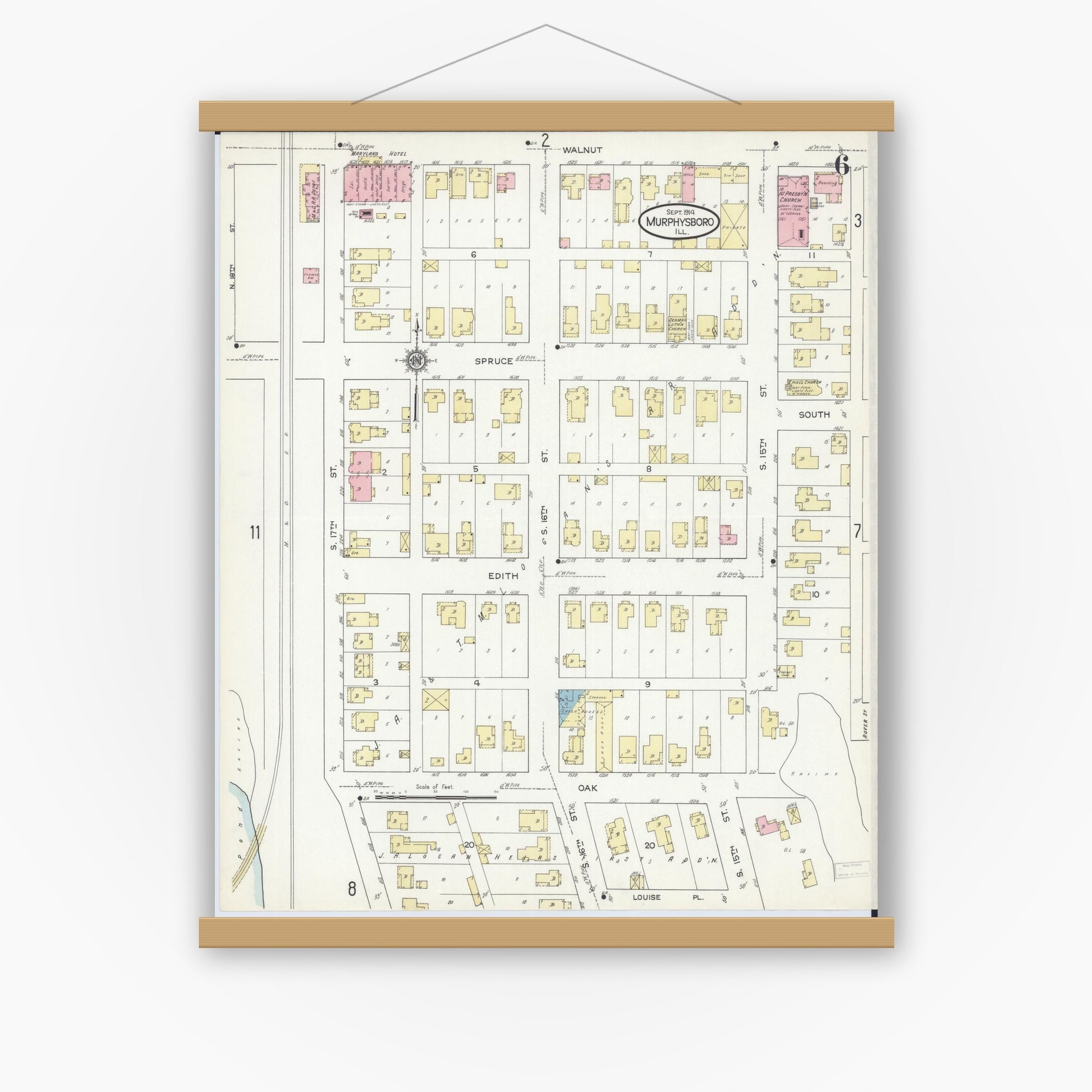 Old map wall art mockup — magnetic wood frame on white wall — Sanborn Fire Insurance Map from Murphysboro, Jackson County, Illinois (1914), Sheet #0006