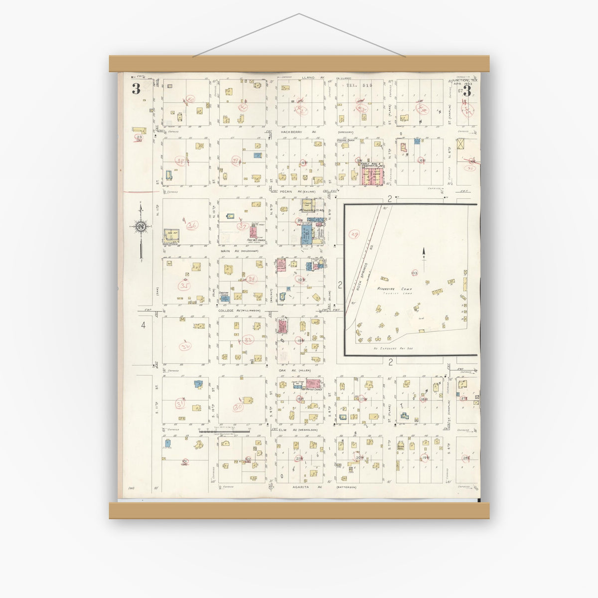 Old map wall art mockup — magnetic wood frame on white wall — Sanborn Fire Insurance Map from Junction, Kimble County, Texas (1942), Sheet #0003