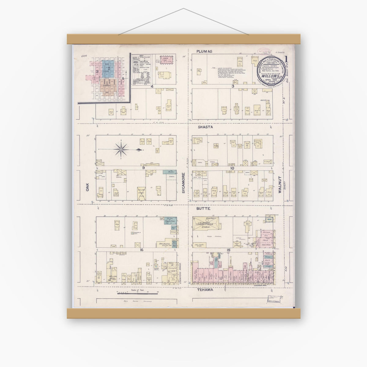 Old map wall art mockup — magnetic wood frame on white wall — Sanborn Fire Insurance Map from Willows, Glenn County, California (1889) - Complete Map Set