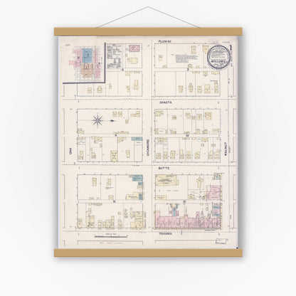 Old map wall art mockup — magnetic wood frame on white wall — Sanborn Fire Insurance Map from Willows, Glenn County, California (1889) - Complete Map Set