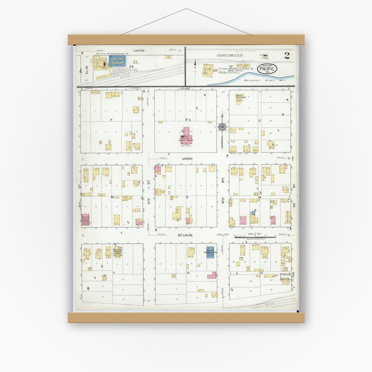 Old map wall art mockup — magnetic wood frame on white wall — Sanborn Fire Insurance Map from Pacific, Franklin County, Missouri (1917), Sheet #0002