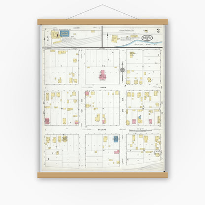 Old map wall art mockup — magnetic wood frame on white wall — Sanborn Fire Insurance Map from Pacific, Franklin County, Missouri (1917), Sheet #0002