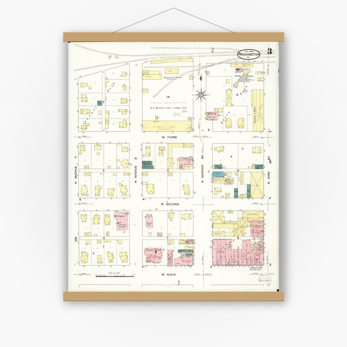 Old map wall art mockup — magnetic wood frame on white wall — Sanborn Fire Insurance Map from Washington, Washington County, Iowa (1909), Sheet #0003