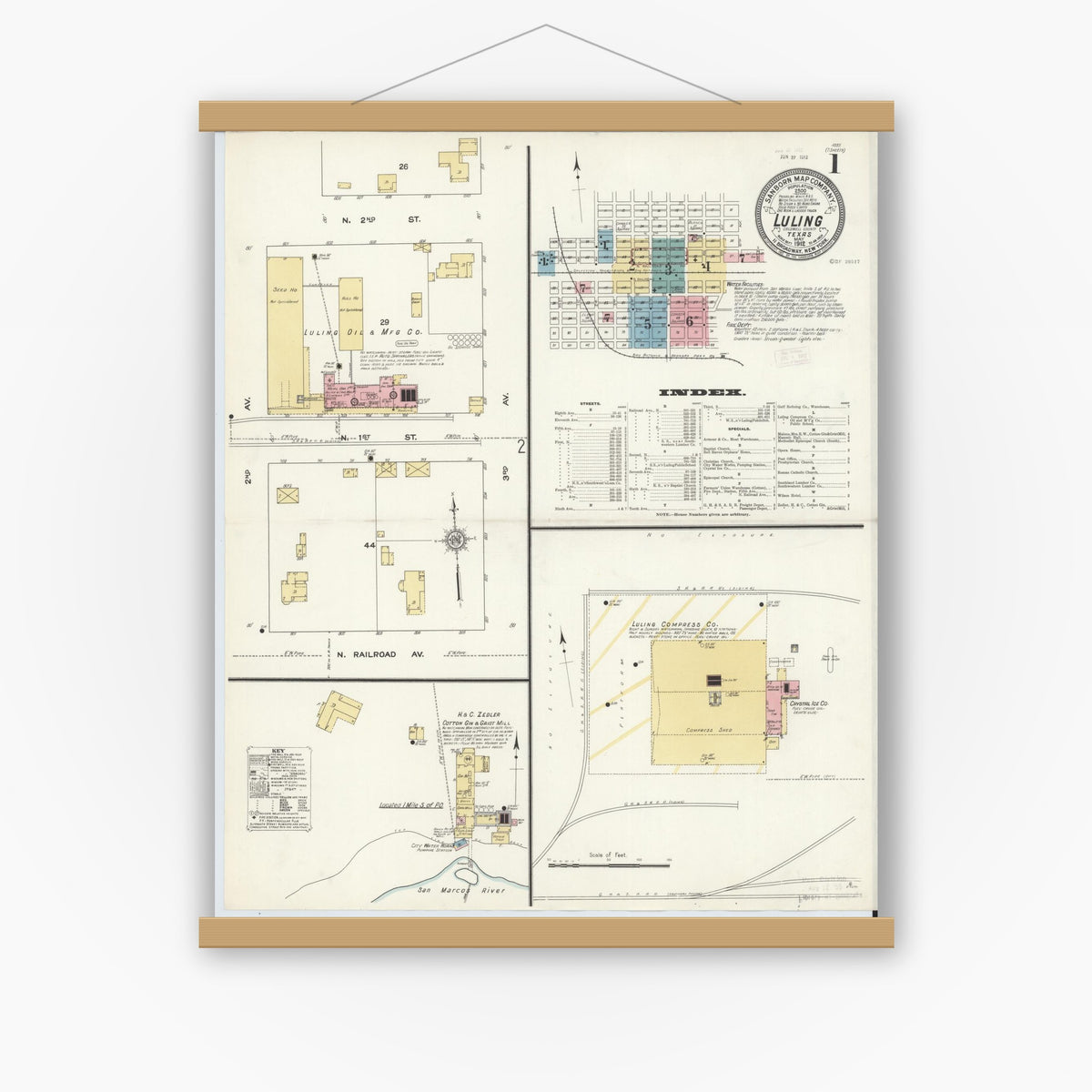 Old map wall art mockup — magnetic wood frame on white wall — Sanborn Fire Insurance Map from Luling, Caldwell County, Texas (1912) - Complete Map Set