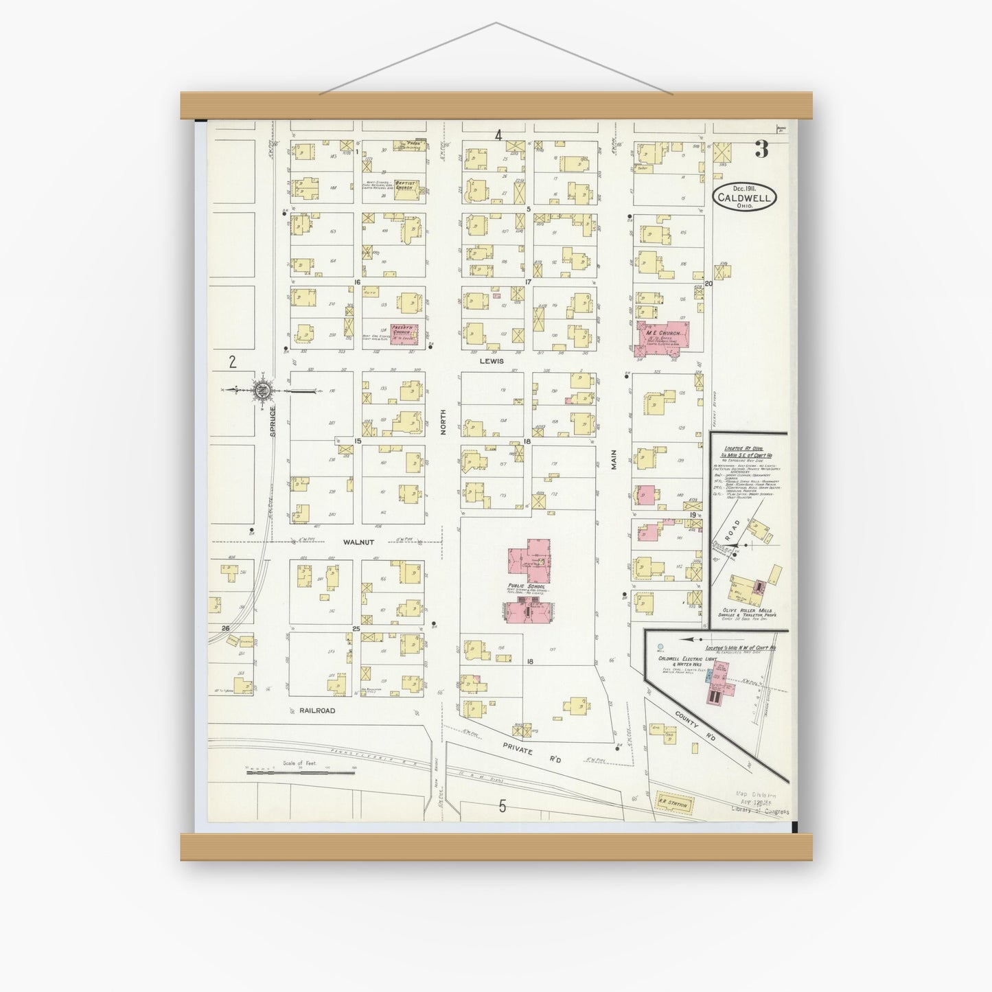 Old map wall art mockup — magnetic wood frame on white wall — Sanborn Fire Insurance Map from Caldwell, Noble County, Ohio (1911), Sheet #0003